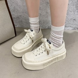 Women'S Chunky Platform Shoes - Low-Top Lace-Up Shoes with Cushioned Insole, Non-Slip Rubber Sole - Beige/White/Black/ - Everyday & Formal Outfits