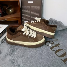 Women'S Fleece-Lined Warm Flat Skate Shoes, Lace-Up Snow Sports Shoes, Retro Minimalist Design, Low-Top Round Toe, Comfortable And Warm, Suitable for Daily Casual Wear in Autumn And Winter, Outdoor Hiking.