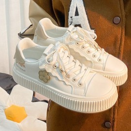 Women's White Synthetic Cover Sneakers - Minimalist Round-Toe Moccasin-Style Lace-Up Flats with Cover Overlays, Cushioned EVA Sole & Arch | All-Day Comfort Casual & Semi-Formal Everyday Shoes | Machine Washable Vegan-Friendly (Spring) - Versatile for Office, Shopping, Outings | Elegant White Sneakers for Women, Sneakers For Women High Quality, Canvas Slip On Shoes For Women, Womens Shoes Plus Size, Wedge Sneakers For Women, Light Shoes For Women