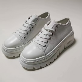 Round-Toed Thick-Soled Platform Shoes Paired with Lace-Up Solid Color Casual Sneakers