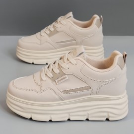 [Beige High-Top Sneakers] Beige Women's High-Top Lace-Up Casual Sneakers | Thick Platform Sole for Height Boost, Soft Synthetic Cover, Breathable Fabric Lining & Cushioned PVC Sole | Autumn Outdoor Comfort, Plus Sizes, Petite Women, Comfortable Walking, Minimalist Design, Durable Construction