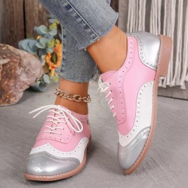 Women's Large Size Brogue Lace-Up Shoes - Vibrant Purple/Pink/Green/Black/Golden/Blue/Pinkish-Purple/Greenish-Purple, Round Toe Low-Top Ankle Boots with PU/PVC Sole, All-Season Casual & Formal Dress Shoes for Everyday & Special Occasions, Comfortable & Durable with EVA/Rubber Insole, PVC Lining, and Stylish Brogue Detailing for a Chic Look, Extra Wide Width Shoes for Women, Womens Casual Sneakers, Wide Fit Shoes for Women Plus Size, Coloured Sneakers for Women,