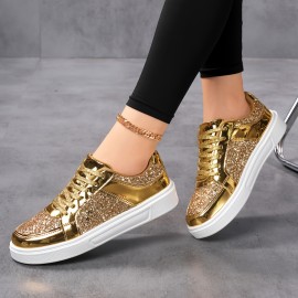 Women'S Glitter Golden Low-Top Sneakers - Lace-Up Casual Shoes with Sequin Detailing, PU Upper & EVA Sole, All-Season Comfort for Running, Travel & Daily Wear, Ladies Sneakers, Stylish Laceups, Durable Comfort