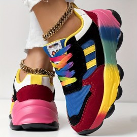 Women'S Bold Red to Gradient Sneakers - Lace-Up Low-Top Shoes with Thick Cushioned MD Sole, Breathable Fabric Upper - All-Season Everyday & Formal Shoes in Green, Yellow, Orange, Pink, Purple, Blue, Teal, - Non-Slip Outfit Staple for Women, Versatile Footwear, Vibrant Design, Comfortable Fit, Fashion Enthusiasts, Style Conscious Consumers, Small Clear Boxes & Packages, Clear And Transparent Boxes, Thick Cushioned Shoes, Multi Color Styles, Non