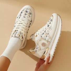 [Desai Women's Sneakers] Desai Women's Chic White & Golden Embellished Sneakers - PU & Fabric Upper, Thick Cushioned PVC Sole, Lace-Up Low-Top Casual Shoes for All-Season Comfort, Ladies Sneakers, Comfortable Footwear, Durable Footwear