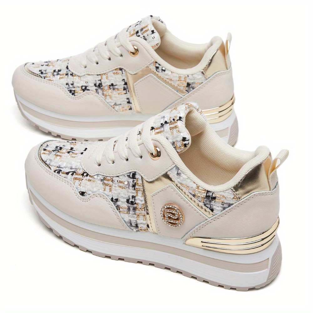 [Desai Women's Sneakers] Desai Women's Chic White & Golden Embellished Sneakers - PU & Fabric Upper, Thick Cushioned PVC Sole, Lace-Up Low-Top Casual Shoes for All-Season Comfort, Ladies Sneakers, Comfortable Footwear, Durable Footwear