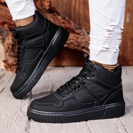 [Black High-Top Sneakers] Black Synthetic Women's High-Top Casual Sneakers | EVA Sole & Breathable Fabric Lining | All-Season Comfort for Casual Attire