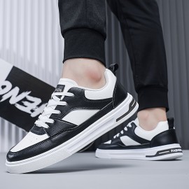 Men's Classic Low-Top Casual Sneakers - Black & White, Striped Design, Durable PU Material with Non-Slip Rubber Sole, Lace-Up Closure for Casual Attire, Street Style, and Outdoor Activities, Spring Summer, Simple Board Shoes