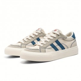 Men'S Summer Low-Top Casual Sneakers - White & Navy Blue Striped Design, Breathable Fabric Lining, Durable Faux Sole, Lace-Up Round Toe for Casual Attire, Streetwear Shoes | Stylish Stripes | Comfortable Fit