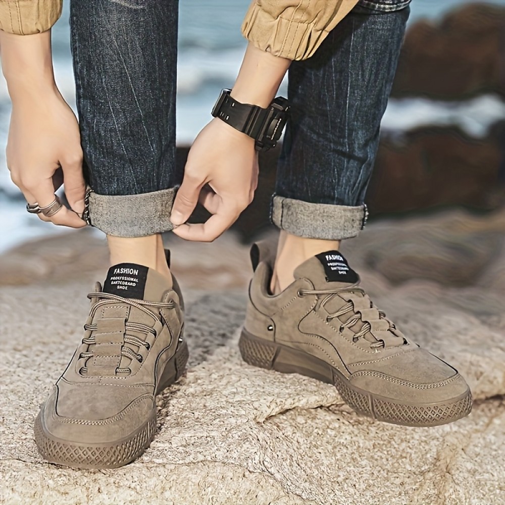 Men's Lace-Up Skate Shoes - Thick Cushioned Sole, Durable PU Upper & Rubber Outsole, All-Season Low-Top Casual Sneakers in Khaki for Outdoor & Daily Wear