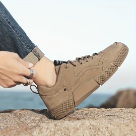 Men's Lace-Up Skate Shoes - Thick Cushioned Sole, Durable PU Upper & Rubber Outsole, All-Season Low-Top Casual Sneakers in Khaki for Outdoor & Daily Wear