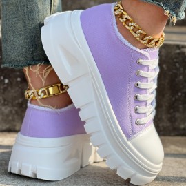 Round-Toed Thick-Soled Platform Shoes Paired with Lace-Up Solid Color Casual Sneakers