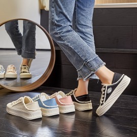 Casual Style Women's Canvas Sneakers - Convertible Slip-On or Lace-Up, All-Season Round Toe Flats with Rubber Sole, Comfortable Fabric Insole, Solid Color Fashionable Cookie Shoes - Hand Washable