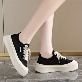 Women'S Casual Canvas Sneakers - Versatile Thick Sole, Round Toe, Lace-Up Design, Brown, All-Season Comfort Shoes, Comfortable Walking Shoes | Round Toe Sneakers | Durable Rubber Sole