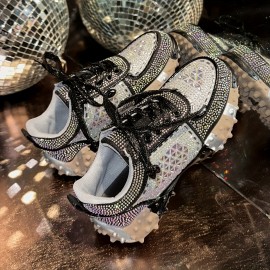[Stylish Sneakers for Women] Stylish Women's Glittery Rhinestone-Embellished Low-Top Sneakers | Breathable PU Cover, Thick Cushioned Sole, Lace-Up Casual Shoes for All-Season Comfort, Ladies Sneakers, Comfortable Footwear, Durable Footwear