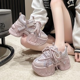 Light Purple Thick-Soled Sneakers with Glitter, Lace-Up Design, Fresh Sweet Style, Fashionable Versatile Casual Women's Shoes