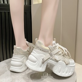 Light Purple Thick-Soled Sneakers with Glitter, Lace-Up Design, Fresh Sweet Style, Fashionable Versatile Casual Women's Shoes