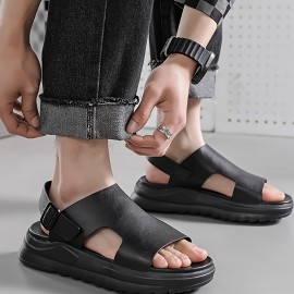 [Breathable Summer Sandals] Breathable Men's Summer Slip-On Beach Sandals | Anti-Slip Thick Rubber Sole, PU Upper for Outdoor Hiking, Casual Wear & Vacation | Black