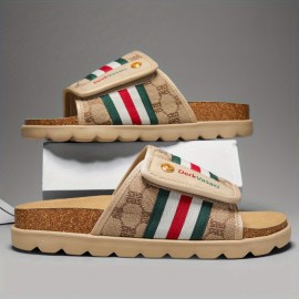 Men'S Comfortable Casual Beach Slippers, Breathable Striped Print with Brand Decorative Buttons and Embroidery, Flat Shoes High-Quality Casual Footwear, Suitable for Use in 11 Festivals