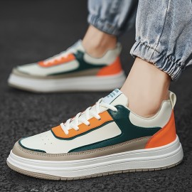 Men'S Summer Trendy Low-Top Sneakers - Casual & Street Style, Thick Sole, White & Orange Color Scheme, Synthetic Upper, Lace-Up Design for Casual Attire, Casual Footwear | Trendy Lowtops | Synthetic Sneakers