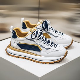 Men's Summer Casual Sneakers - Breathable Low-Top Lace-Up Shoes with Thick Cushioned Sole, White & Navy Blue Letter Print Design, PU/Fabric Upper & Outsole for Outdoor, Daily Wear & Street Style, Outdoor Sneakers, Fabric Lined Interior, Minimalist Design, Durable Construction, Active Lifestyle