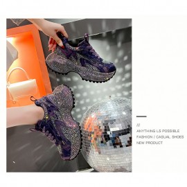 Women's Rhinestone-Encrusted -Style Chunky Platform Sneakers - Height-Increasing Thick-Soled Rhinestone-Toe & Heel, Round-Toe Casual s (Purple) | All-Season /PVC/Rubber for Parties, Prom, Casual Attire - No-Washable