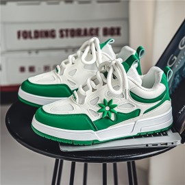 [Trendy Sneakers] Stylish Black & Yellow Men's Fashion Floral Contrast Sneakers | Low-Top Skate Shoes with Thick Lace-Up, Comfortable Rubber Sole for Casual and Outdoor Wear